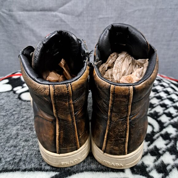 Prada Mens Old Nappa Leather Rustic Brown High Top Sneaker Size 7 Men - Picture 5 of 16